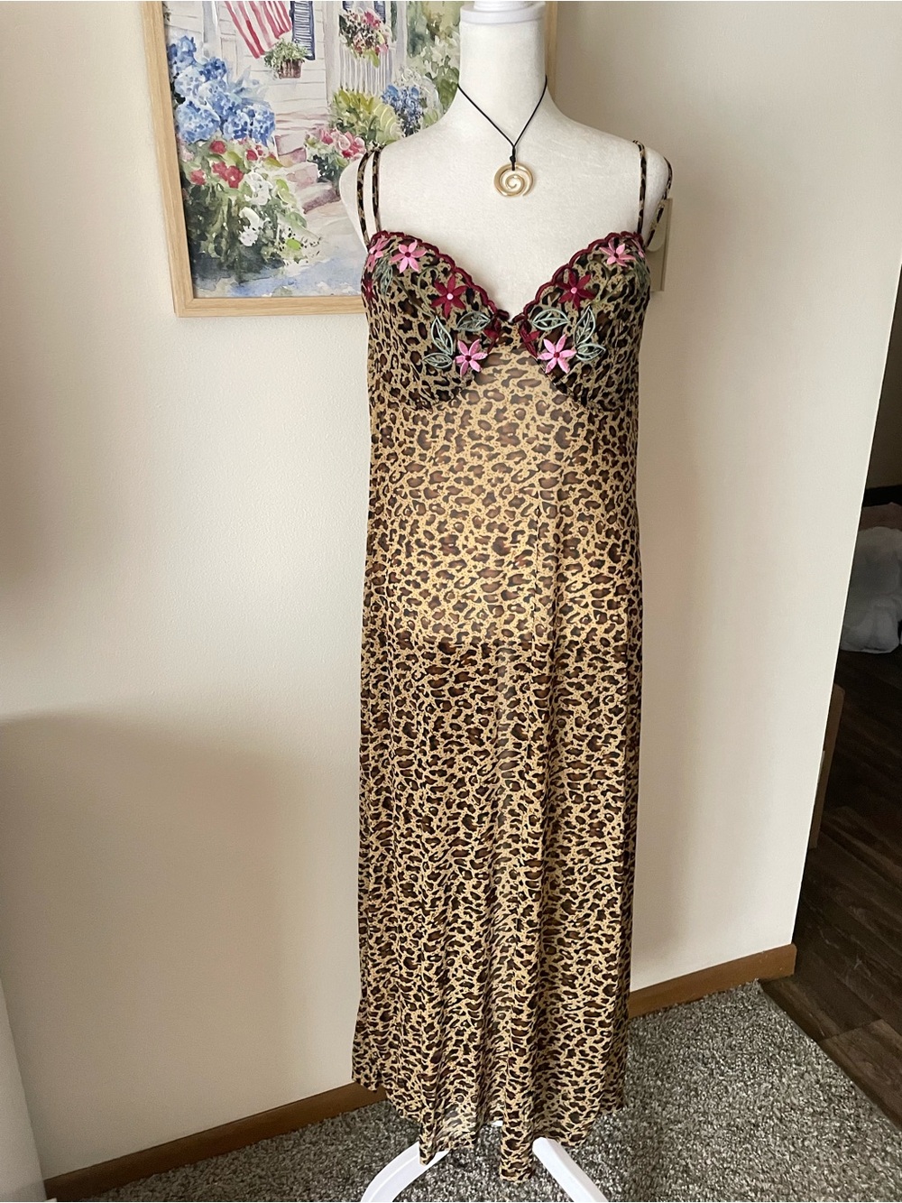 Amoureuse 90s Y2K Vintage Leopard Mesh Embroidered Maxi Lingerie Slip Dress 1X
